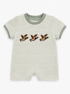 NWOT Toddler Embroidered Duck Romper Size 12-18 Months Green Striped Shortall